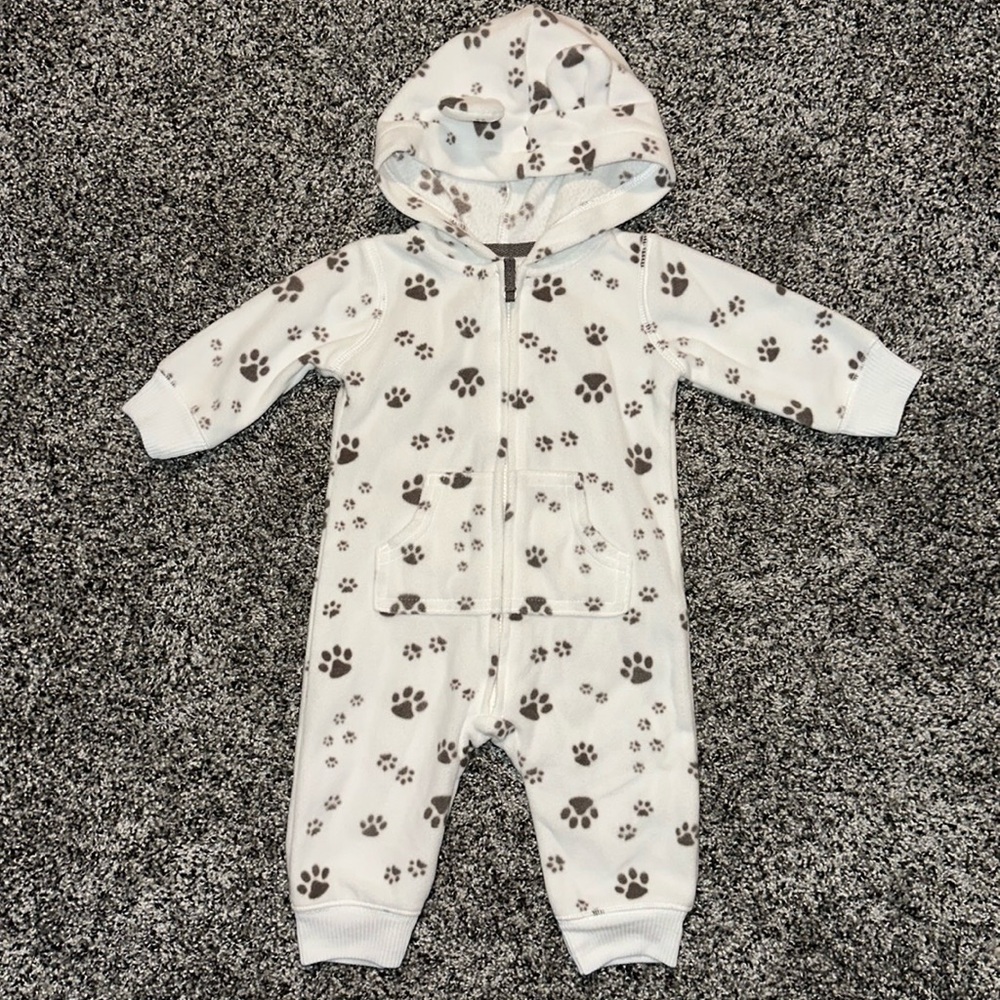 Carters 3 months Fleece Hooded Zip Up Footless Romper Paw Prints